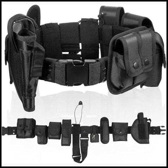 Adjustable Nylon Tactical Duty Belt with 10 Removable Holster Pouches